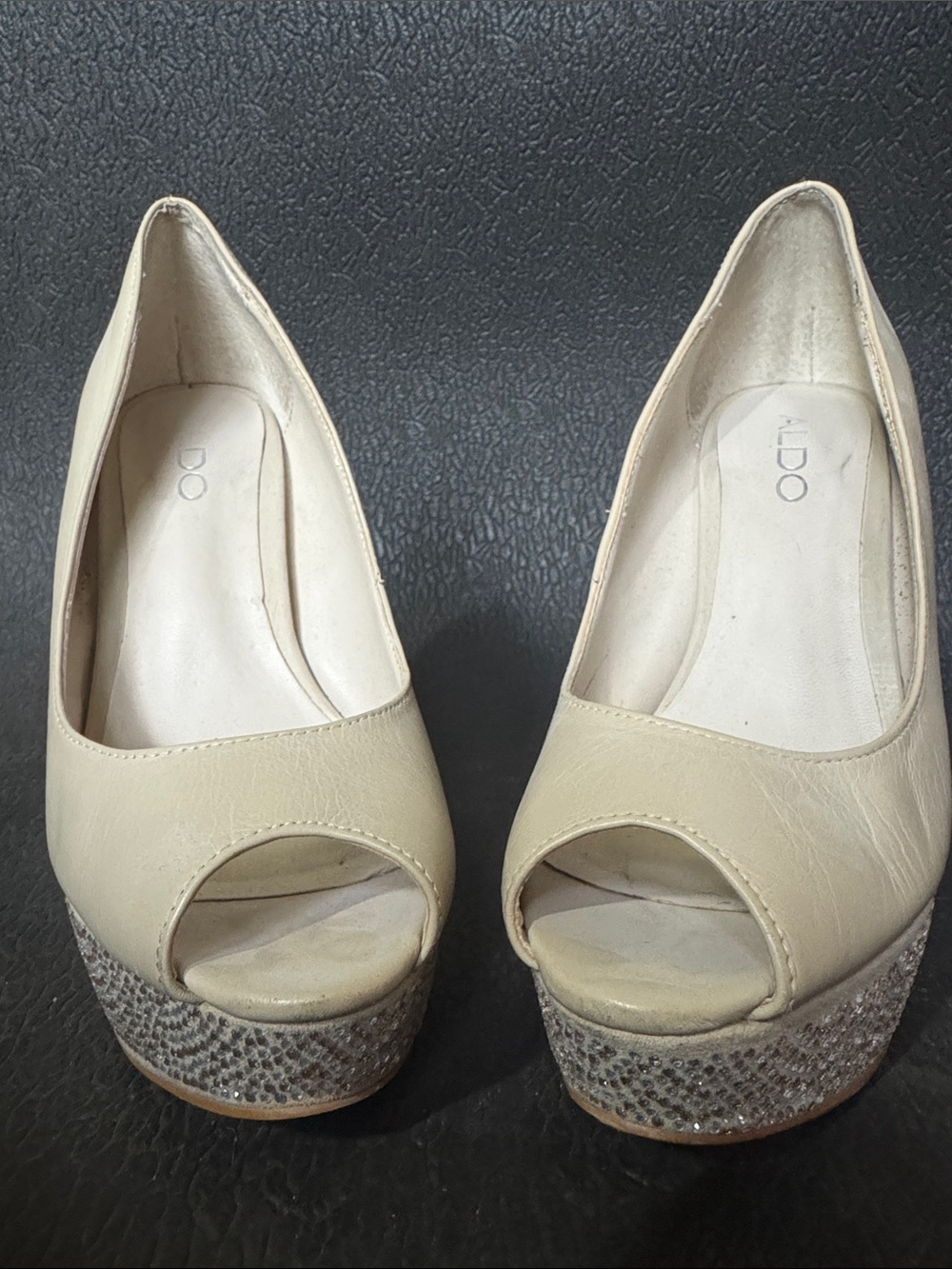 ALDO Cream Peep-Toe Platform Heels with Sparkle Trim